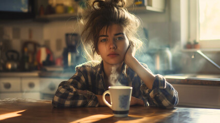 young woman with disheveled hair sitting at kitchen table, drinking coffee drink from the mug or cup