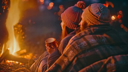 Wall Mural - Couple seated next to a fire, enjoying beers and cozying up with a blanket, A dreamy photo of a couple cuddled up in a blanket, sipping cider by a crackling fire pit