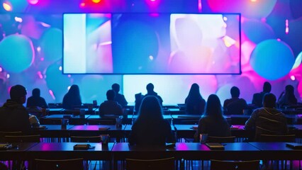 Poster - Individuals seated at desks in a lecture hall, focused on a large screen displaying information, A dynamic visualization of a college lecture hall with students engaged in learning