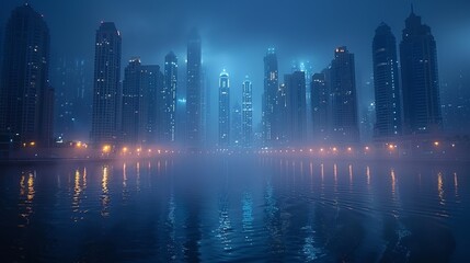 Downtown Dubai covered in heavy fog, United Arab Emirates.