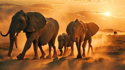 Sticker - Family of elephants in a herd, walking across a grass-covered field in the savannah, A family of elephants walking through a dusty savannah at sunset