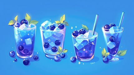 Sticker - Illustration of a vibrant blueberry themed lineup juicy blueberry slices a refreshing blueberry drink and a cute cartoon icon design featuring the beloved berry