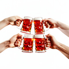 People clinking red mugs with beer at football stadium during match. celebrating successful game. concept of game, leisure, championship, tournament, emotions isolated on white background, minimalism,
