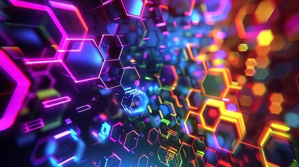 A mesmerizing digital hexagon abstract background with vibrant neon colors pulsating in rhythmic patterns.
