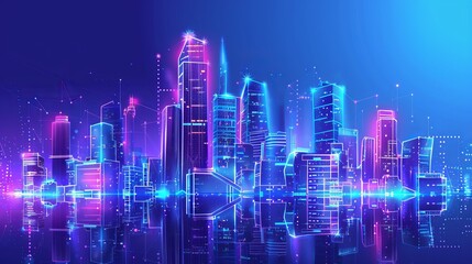 Wall Mural - Modern town and urban city complex with a business center. Neon glow cityscape panorama with infrastructure outlines. White lines on a blue background. Vector design art.