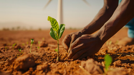 Close up of African man hand planting tree on brown soil with windmill in background, green environment and clean air concept. Generated AI.