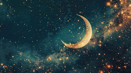 Wall Mural - A night sky filled with vibrant stars and a glowing crescent moon, illuminated by gentle lights, symbolizing Eid-al-Adha