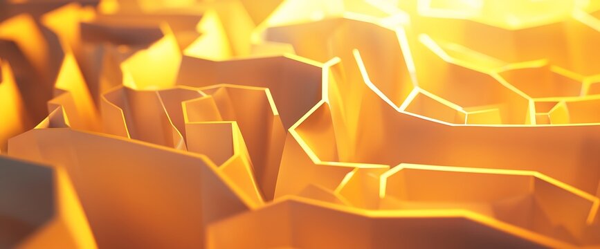 A dynamic 3D rendering showcasing a complex network of folded paper forming an intricate maze, bathed in a soft, glowing light against a radiant yellow backdrop.