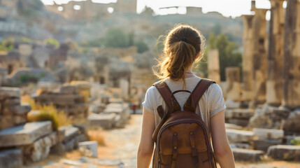 Rear back view of young woman wearing a backpack, standing in ancient city ruins. Copy space, landmark tourist travel, old town architecture, historical building exploration