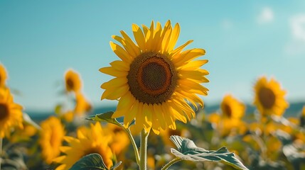 sunflower, flower, field, yellow, summer, nature, sky, agriculture, sun, green, blue, plant, sunflowers, bright, leaf, flora, blossom, plants, growth, beauty, petal, flowers, meadow, blooming, crop