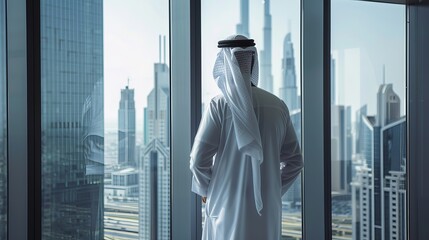 Successful Muslim businessman in traditional white Kandura standing in his modern office, looking out at a big city with skyscrapers. Concept of a successful Saudi, Emirati, or Arab businessman.