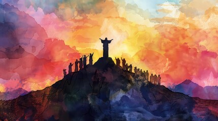 Wall Mural - Silhouette of Jesus standing on top of a mountain and preaching to the crowd. Watercolor painting