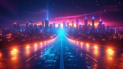 Wall Mural - Vector illustration of an empty road in a modern metropolis at night. Trails on the asphalt highway in a glowing city, with urban skyscrapers in neon colors. Cityscape concept.