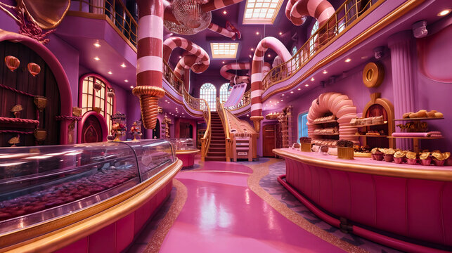 Pink chocolate factory interior. Sweet dessert candy food production or manufacturing machines, conveyor industry equipment infrastructure, delicious sugar cookie product 