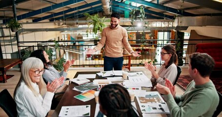 Aufkleber - Celebrate, interior design and business people in meeting for planning, pattern and color for agency. Creative company, applause and workers with documents for feedback, collaboration and teamwork