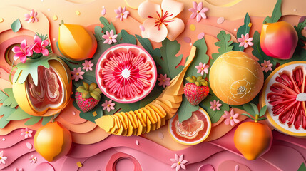 Wall Mural - Fruits theme wallpaper with related images in layered paper cut style. 