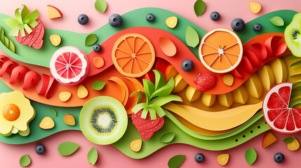 Wall Mural - Fruits theme wallpaper with related images in layered paper cut style. 