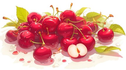 Canvas Print - Ripe cherries and halved cherries are elegantly showcased against a pristine white backdrop