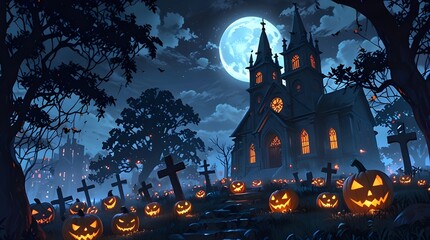 Wall Mural - A dark and scary night, zombie pumpkins come out of cemeteries and churches, and there are full moon bats in the trees. Festive event halloween banner background concept. Generative AI