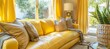© Chand Abdurrafy - Cozy living room with a yellow leather couch, yellow decorative pillows, and yellow drapes, exuding warmth and style