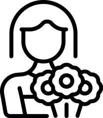 Sticker - Black and white line art illustration of a woman holding a bouquet of flowers