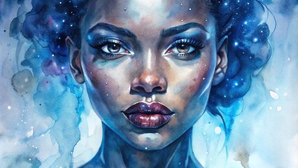 Close-up of glowing dark skin with wet lip gloss, portraying beauty and sensuality, done in watercolor
