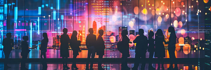 Wall Mural - A group of business people standing in front of an abstract digital cityscape, with glowing data streams and financial charts floating around them i the style of dark skyblue and light black.