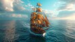 © Janko - An old-fashioned sailing ship is navigating through golden sunlight on the ocean