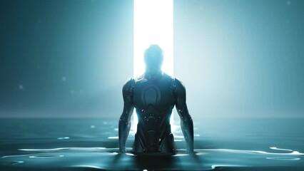 A Cyborg Man Standing In The Water With A Light Beam In The Background Artificial Intelligence