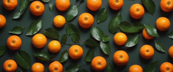 Wall Mural - Fresh orange with green leaves on dark. Food background. Top view