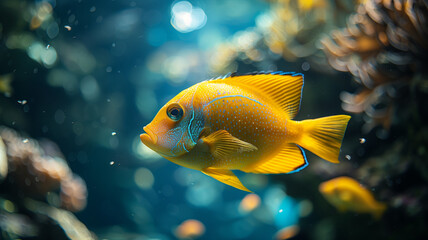 Wall Mural - Yellow tang fish swimming in colorful aquarium