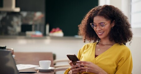 Poster - Phone, remote work and smile of black woman entrepreneur in home for freelance or startup employment. Communication, small business and technology with happy employee typing message on mobile