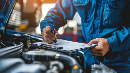 Close-up of a car repairman in a blue uniform writing a job checklist on a clipboard, engine parts gleaming under the hood