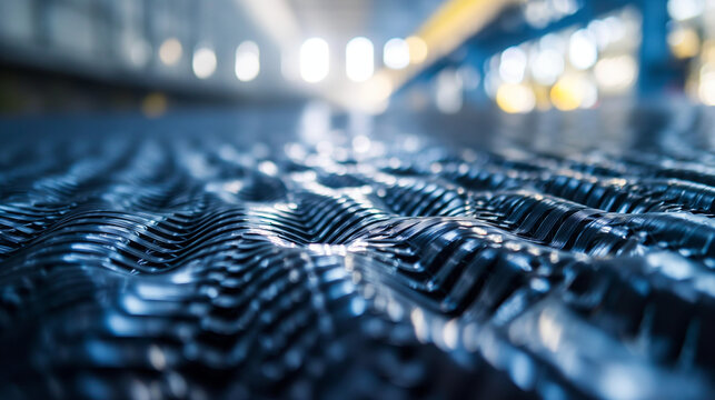 Close-up of the textured surface of galvanized steel coils, with the factory's production line operating in the background