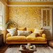 © Chand Abdurrafy - Cozy living room with yellow leather chairs, yellow decorative vases, and a yellow area rug, creating a modern yet cozy look