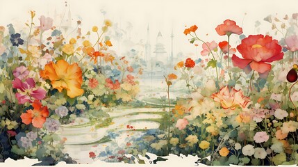 Wall Mural - A botanical garden map filled with fantastical flowers and intricate paths.