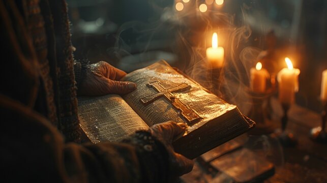 A person holding a book, standing before lit candles, engaged in spiritual reflection.