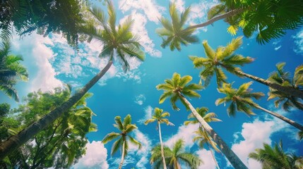 Wall Mural - Green palm trees against blue sky and white clouds. Tropical jungle forest with bright blue sky, panoramic nature banner. Idyllic natural landscape, looking up, low point of view. Summer traveling