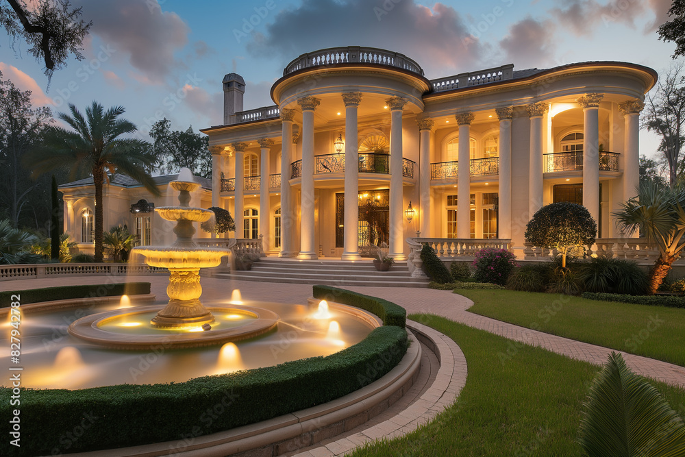 A grand luxury mansion with an expansive front yard and a circular driveway. The mansion has a classic architectural design with large columns, balconies, and a fountain in the front yard.