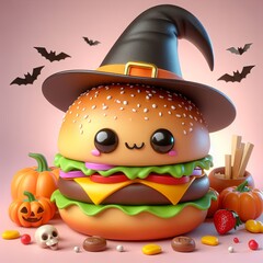 cute cartoon 3d Halloween burger with witch hat in kawaii style  Generative AI