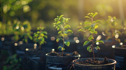 Wall Mural - reforestation set of young trees trunks in pots, afforestation set of green plants in flowerpots, gardening and botany concept