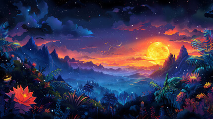 Wall Mural - illustration of celestial garden floating among stars exotic plants luminous flowers and mythical creatures dwelling in a realm of eternal beauty and tranquility beyond the bounds of space and time