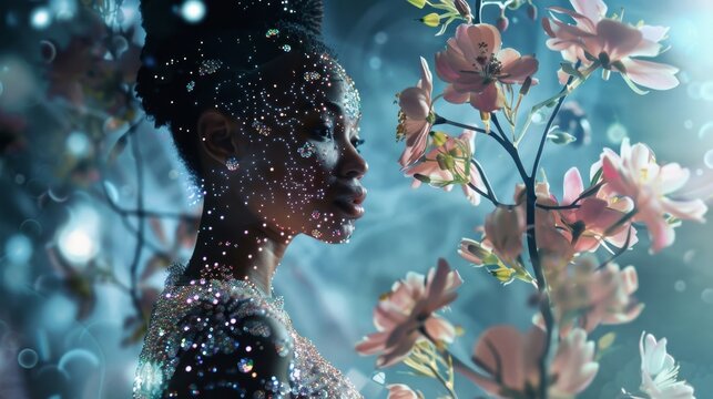 A woman wearing an elegant dress adorned with digital flowers and jewels created through augmented reality technology.