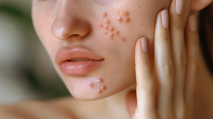 Wall Mural - A closeup of a woman's face and hand, showing small red blemishes on her cheek resembling pustules or rose highlights. She is in her mid-30s, with a natural skin tone and light pink nail polish.