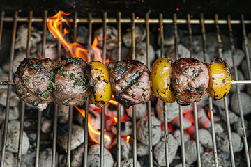 Wall Mural - Grilled meat with vegetables sizzling over the coals on barbecue.