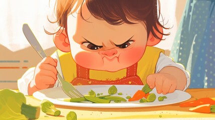 Canvas Print - The baby s discontent with vegetables is clear through the expressive 2d illustration