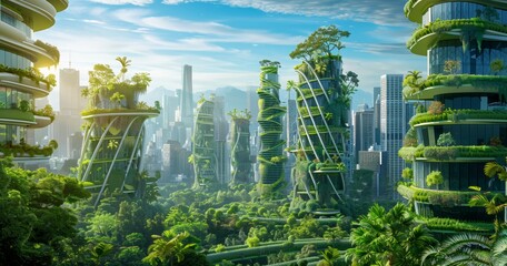 futuristic eco green city with skyscrapers buildings and gardens, future sustainable architecture, harmony of human and nature