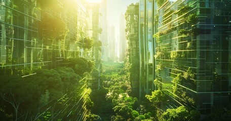 Wall Mural - futuristic eco green city with skyscrapers buildings and gardens, future sustainable architecture, harmony of human and nature