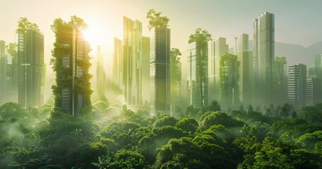 Wall Mural - futuristic eco green city with skyscrapers buildings and gardens, future sustainable architecture, harmony of human and nature