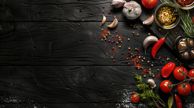 Black wooden background with various spices and herbswith fresh vegetables, oil bottles, tomato and garlic in a top view, cooking concept banner design 